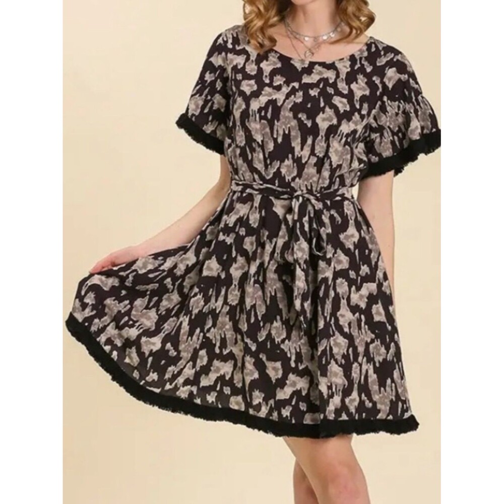 New Print Frayed Hem Detail Dress Tie Waist sz SMALL